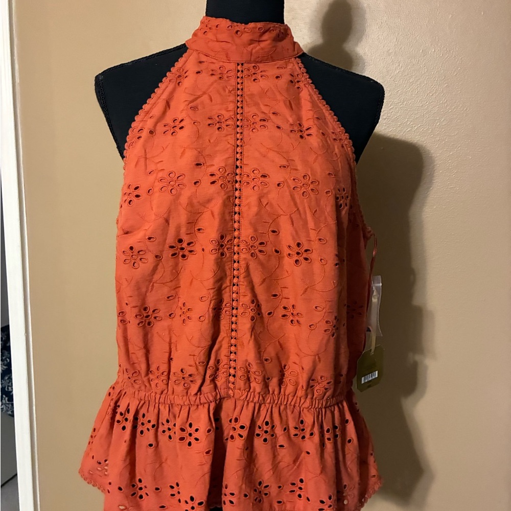 Chic Halter Eyelet Blouse in Vibrant Orange